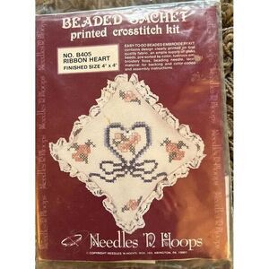 1970's Needles N Hoops Beaded Sachet Printed Crosstitch Kit‎ B405 Ribbon Heart